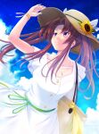 1girl ahoge alternate_costume blue_sky breasts brown_hair clouds collarbone day dress flower hair_ribbon hat hat_flower highres jewelry kagerou_(kancolle) kagerou_kai_ni_(kancolle) kantai_collection long_hair map_(blue_catty) medium_breasts necklace ribbon sidelocks sky smile solo sun_hat sundress sunflower twintails upper_body white_dress white_ribbon 
