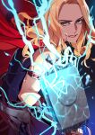  1girl alternate_costume armor bare_shoulders blonde_hair brown_eyes cape commentary_request electricity faulds forehead hammer highres holding ibaraki_shun jane_foster long_hair marvel marvel_cinematic_universe mjolnir_(marvel) muscular muscular_female parted_lips red_cape red_lips solo superhero thor:_love_and_thunder thor_(marvel) upper_body v-shaped_eyebrows vambraces western_comics_(style) 