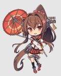  1girl blush brown_eyes brown_hair clothes_writing flower full_body grey_background hair_between_eyes hair_flower hair_ornament headgear holding holding_umbrella kantai_collection kasumi_(skchkko) kneehighs long_hair oil-paper_umbrella open_mouth pink_flower pleated_skirt ponytail red_skirt red_umbrella rudder_footwear simple_background single_kneehigh single_sock single_thighhigh skirt smile socks solo thigh-highs umbrella very_long_hair yamato_(kancolle) yamato_kai_(kancolle) 