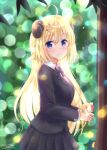  1girl ahoge animal_ears bangs blazer blonde_hair blue_eyes blurry blush bokeh bow bowtie collared_shirt depth_of_field flower hair_ornament hairclip holding holding_flower hololive horns jacket long_hair m_ko_(maxft2) outdoors pleated_skirt school_uniform sheep_ears sheep_girl sheep_horns shirt skirt smile solo tsunomaki_watame very_long_hair virtual_youtuber 