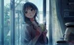  1girl against_glass bangs black_eyes black_hair blurry brown_shirt coffee_mug commentary_request cup curtains door_handle glass hands_up highres holding holding_cup indoors looking_away medium_hair mug original parted_lips railing rain reflection shirt sliding_doors solo steam tsujin_bohboh upper_body water_drop 