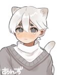  1boy animal_ears blush cat_boy cat_ears cat_tail closed_mouth grey_eyes grumpy_(purrfect_tale) le_pire_amour long_sleeves looking_at_viewer male_focus purrfect_tale solo sweater tail tearing_up turtleneck turtleneck_sweater white_background white_hair 