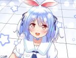  1girl :d animal_ears bangs blue_hair blush choker collared_shirt fake_animal_ears hair_ornament hair_ribbon hairclip hololive m_ko_(maxft2) multicolored_hair neckerchief open_mouth orange_eyes rabbit_ears ribbon shirt short_hair short_sleeves smile solo streaked_hair thick_eyebrows twintails two-tone_hair usada_pekora virtual_youtuber white_hair 