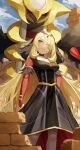  1girl black_choker black_dress blonde_hair brick_wall choker closed_mouth clouds commentary_request cynthia_(pokemon) day dress fagi_(kakikaki) giratina grey_eyes hair_ornament hair_over_one_eye highres long_hair looking_to_the_side official_alternate_costume outdoors pokemon pokemon_(creature) pokemon_(game) pokemon_masters_ex sky smile standing very_long_hair 
