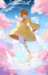  1girl antenna_hair bangs blue_sky bow brown_hair cardcaptor_sakura cherry_blossoms closed_eyes collared_dress day dress duximeng falling_petals floating floating_object from_side full_body glowing hair_intakes hair_ornament hand_up highres kinomoto_sakura long_sleeves necktie outdoors pantyhose petals puffy_sleeves red_necktie shoes short_hair sky smile solo star_(symbol) star_hair_ornament star_ornament transparent transparent_wings tree white_pantyhose wide_sleeves yellow_dress yellow_footwear 