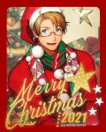  1boy 2021 :d ahoge axis_powers_hetalia blonde_hair blue_eyes border box christmas christmas_lights christmas_ornaments christmas_tree crossed_arms dated fur-trimmed_headwear gift gift_box glasses hat littleb623 merry_christmas pom_pom_(clothes) print_scarf red_border red_sweater sack santa_costume santa_hat scarf smile star_(symbol) sweater twitter_username 