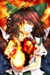  bird black_hair bow brown_hair crow eyes fire hair_bow hands highres long_hair radiation_symbol raven_(bird) red_eyes reiuji_utsuho shigurio solo symbol-shaped_pupils teeth touhou wings 