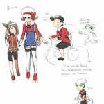  2girls alternate_costume bandana baseball_cap bicycle bike_shorts brown_eyes brown_hair commentary directional_arrow english gold_(pokemon) gold_(pokemon)_(remake) hand_holding haruka_(pokemon) haruka_(pokemon)_(remake) hat hat_ribbon holding_hands johto kotone_(pokemon) multiple_boys multiple_girls open_mouth pokedex pokegear pokemon pokemon_(game) pokemon_gsc pokemon_rse raemz red_ribbon ribbon sketch smile thigh-highs thighhighs twintails weee weee_(raemz) yuuki_(pokemon) yuuki_(pokemon)_(remake) zettai_ryouiki 