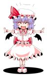 bat_wings blue_hair blush_stickers closed_eyes fangs hat hosoi_kouzou outstretched_arms remilia_scarlet solo spread_arms touhou wings 