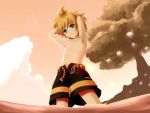  arms_up bad_id blonde_hair blue_eyes highres hirobakar kagamine_len male open_fly outdoors shirtless unzipped vocaloid wading wallpaper water 