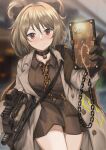  1girl bangs black_gloves blurry blurry_background blush breasts bullpup choker closed_mouth collared_shirt cowboy_shot double_bun english_commentary girls_frontline gloves gun hair_between_eyes hair_bun highres holding holding_phone jacket light_brown_hair looking_at_viewer necktie official_alternate_costume open_clothes open_jacket p90 p90_(girls&#039;_frontline) persocon93 phone red_eyes shirt short_hair smile solo submachine_gun weapon 