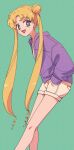 1girl absurdres bishoujo_senshi_sailor_moon blonde_hair blue_eyes double_bun feet_out_of_frame film_grain green_background hair_bun hands_in_pockets highres jacket long_hair looking_at_viewer nzeneee official_alternate_costume purple_jacket shorts simple_background smile solo tsukino_usagi yellow_shorts 
