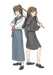  2girls :d back-to-back bangs black_footwear black_sailor_collar black_serafuku black_shirt black_skirt blue_sailor_collar blue_skirt brown_eyes brown_hair closed_mouth commentary_request crossed_arms full_body genderswap genderswap_(mtf) hair_ribbon hairband highres holding holding_stick kita_high_school_uniform kusoheadme_26 kyonko loafers long_hair long_skirt long_sleeves looking_at_viewer multiple_girls official_alternate_hair_length official_alternate_hairstyle open_mouth ponytail red_ribbon ribbon sailor_collar school_uniform serafuku shirt shoes simple_background skirt smile socks stick suzumiya_haruhi suzumiya_haruhi_no_yuuutsu white_background white_serafuku white_shirt white_socks yellow_hairband yellow_ribbon 