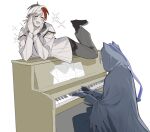  2boys animal_ears arknights bishounen black_gloves blush cat_boy cat_ears elysium_(arknights) gloves hand_on_own_face hand_up hood instrument inverseku leg_up lying male_focus multicolored_hair multiple_boys on_stomach phantom_(arknights) piano redhead simple_background smile sparkle streaked_hair white_background white_hair 