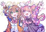  2girls animal_ears black_skirt blue_bow blush bow bowtie brown_hair denonbu green_eyes hair_bow hair_ornament hidaka_reina_(denonbu) highres holding_hands jacket kiato long_hair long_sleeves looking_at_viewer multiple_girls one_eye_closed open_clothes open_jacket open_mouth orange_hair pink_eyes pleated_skirt rabbit_ears red_bow red_bowtie sakurano_mimito shirt simple_background skirt smile standing suspenders twintails v waving white_bow white_shirt 