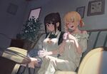  2girls apron black_hair blonde_hair camisole closed_eyes couch cup glass_table gomashiwo_o highres holding holding_cup indoors inoue_takina light_blush long_hair looking_at_another lycoris_recoil lycoris_uniform mug multiple_girls nishikigi_chisato open_mouth picture_frame ponytail shadow short_hair sitting skirt smile socks steam sunlight table twintails violet_eyes 