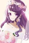  1girl bare_shoulders blurry bouquet collarbone dress earrings flower garland_(decoration) highres idolmaster idolmaster_shiny_colors jewelry light_smile long_hair looking_at_viewer minorin purple_hair rose strapless strapless_dress tanaka_mamimi veil violet_eyes wedding_dress white_dress 