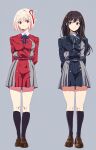  9mml_m belt black_hair black_socks blonde_hair blue_dress blue_ribbon bob_cut brown_footwear collared_shirt dress grey_background grey_dress hair_ribbon highres inoue_takina kneehighs loafers long_hair looking_at_another lycoris_recoil lycoris_uniform neck_ribbon nishikigi_chisato pleated_dress red_belt red_dress red_eyes red_ribbon ribbon shirt shoes short_hair simple_background socks two-tone_dress violet_eyes white_shirt 