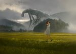  1girl black_hair day dress eldritch_abomination field highres long_hair looking_at_viewer monster mountainous_horizon original outdoors overcast scenery shoes socks solo torii tree walking white_dress white_socks wind yoshida_seiji 