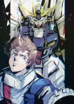  1boy amuro_ray bangs blue_eyes brown_hair char&#039;s_counterattack commentary green_eyes gundam highres kare_(0621utak) mecha mobile_suit newtype_flash nu_gundam pilot_suit robot science_fiction short_hair upper_body v-fin 