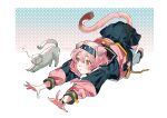  1girl absurdres animal_ears arknights bangs black_footwear black_hairband braid cat cat_ears cat_girl cat_tail commentary_request goldenglow_(arknights) hairband highres imitating long_hair long_sleeves looking_at_animal magnoliapain29 pink_hair shoes socks solo tail white_socks yellow_eyes 