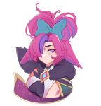  1girl absurdres animal_ears artist_name bangs bow breasts cropped_torso gem green_bow grey_background hair_bow hair_over_one_eye highres hootsie_(hoot_sie) large_breasts league_of_legends long_hair looking_at_viewer purple_hair redhead simple_background solo star_guardian_xayah upper_body watermark xayah 