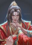  1boy aubergrin black_hair black_nails chinese_clothes hanfu highres long_hair looking_at_viewer luo_binghe male_focus pov pov_hands red_eyes ren_zhafan_paijizu_xitong 