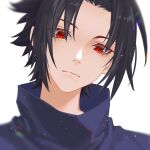  1boy bangs black_hair blue_shirt closed_mouth jun_(kokage) male_focus naruto naruto_(series) parted_bangs portrait red_eyes sharingan shirt short_hair simple_background solo uchiha_sasuke white_background 