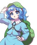  1girl arm_up backpack bag blue_eyes blue_hair blue_skirt blush_stickers hair_bobbles hair_ornament hand_on_hip hat holding holding_clothes holding_hat itani_illust kawashiro_nitori key long_sleeves looking_at_viewer open_mouth shirt simple_background skirt solo touhou two_side_up white_background 