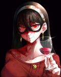  1girl alcohol artist_name black_background black_hair blood blood_in_hair blood_on_clothes blood_on_face chromatic_aberration closed_mouth collarbone cup earrings eye_mask fingernails glint hair_between_eyes hairband highres holding holding_cup inkspirate jewelry long_fingernails long_hair looking_at_viewer mask pink_lips red_eyes simple_background sleeves_past_wrists smile solo spy_x_family upper_body very_long_fingernails white_hairband wine yor_briar 