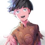  1boy :d altorav artist_name black_eyes black_hair bowl_cut brown_shirt dirty dirty_face gradient gradient_background kageyama_shigeo male_focus mob_psycho_100 outstretched_hand shirt simple_background smile torn_clothes upper_body 