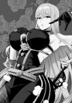  1girl animenokuni armpits backless_outfit bangs black_gloves breasts eyebrows_hidden_by_hair floral_background flower gloves greyscale hair_between_eyes hand_on_own_chest large_breasts long_hair looking_at_viewer monochrome petals rose rose_background saber_(weapon) selvaria_bles senjou_no_valkyria_(series) senjou_no_valkyria_1 sheath sheathed simple_background sleeve_cuffs sleeveless solo sword upper_body weapon 