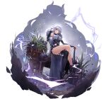  1girl asymmetrical_legwear bai_yuekui_(tower_of_fantasy) boots closed_mouth crossed_legs frown full_body fur_trim game_cg long_hair looking_at_viewer looking_down messy_hair official_art plant sitting solo thigh-highs third-party_source tower_of_fantasy transparent_background white_hair 