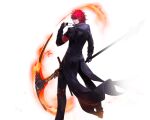  1boy artist_request blue_eyes fire holding holding_scythe king_(tower_of_fantasy) long_sleeves looking_at_viewer looking_back official_art pants redhead scythe short_hair solo sunglasses tower_of_fantasy trench_coat 