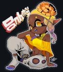  1girl bare_shoulders black_background blonde_hair blue_skin blue_tongue breasts colored_eyelashes colored_skin colored_tongue crop_top cross-shaped_pupils dark-skinned_female dark_skin fangs food food_on_hand forehead frye_(splatoon) full_body gradient_hair groin isamu-ki_(yuuki) long_hair medium_breasts multicolored_hair multicolored_skin navel no_bra open_mouth outline pants pointy_ears poncho purple_hair see-through sideboob signature sitting sleeveless socks solo splatoon_(series) splatoon_3 teeth tempura tentacle_hair toeless_legwear turtleneck turtleneck_crop_top two-tone_hair white_outline white_pants white_socks yellow_crop_top yellow_eyes 