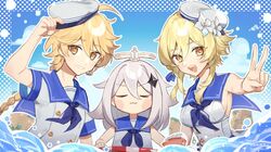  aether_(genshin_impact) ahoge aodake_(winter1517) blonde_hair blush braid breasts closed_eyes english_commentary flower genshin_impact hair_flower hair_ornament hat in_water innertube long_hair lumine_(genshin_impact) mechanical_halo paimon_(genshin_impact) sailor_collar sailor_hat short_hair_with_long_locks short_sleeves sideboob single_braid sleeveless summer v white_flower white_hair yellow_eyes 