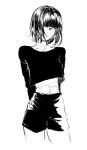  1girl closed_mouth commentary greyscale hair_over_one_eye highres kotoyama looking_at_viewer midriff mole mole_under_eye monochrome original short_hair shorts simple_background solo white_background 