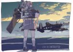  1girl aircraft aircraft_request airplane black_shirt blue_eyes blue_sky brown_hair character_name clouds flight_deck from_behind full_body gradient_sky grey_skirt gun intrepid_(kancolle) jura_cambri kantai_collection m1903_springfield machinery neck_pillow ponytail rifle shirt short_hair skirt sky solo standing weapon 