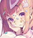  1girl animal_ears blush crying crying_with_eyes_open denonbu hair_ornament hands_on_own_face long_sleeves looking_at_viewer orange_hair pien ponchan_ponc rabbit_ears sakurano_mimito solo sticker tears violet_eyes 