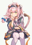  1girl animal_ears arknights bangs black_hairband black_skirt blue_ribbon bracelet braid cat_ears cat_girl cat_tail closed_mouth clothes_writing coat driftingtiger feet_out_of_frame goldenglow_(arknights) hair_ribbon hairband hand_on_own_cheek hand_on_own_face highres id_card infection_monitor_(arknights) invisible_chair jewelry lightning_bolt_print long_hair long_sleeves looking_at_viewer medium_skirt open_clothes open_coat orange_eyes pink_coat pink_hair ribbon simple_background single_braid sitting skirt smile solo tail thigh-highs white_background white_thighhighs 