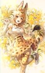  1girl :d absurdres animal_ear_fluff animal_ears animal_print bangs bare_shoulders blonde_hair blush boots bow bowtie breasts cat_ears cat_girl cat_tail center_frills elbow_gloves foot_out_of_frame frills gloves high-waist_skirt highres kemono_friends looking_at_viewer medium_breasts mirage_(rairudiseu) open_mouth print_bow print_bowtie print_gloves print_legwear print_skirt revision serval_(kemono_friends) serval_print shirt short_hair skirt sleeveless smile solo standing standing_on_one_leg tail thigh-highs traditional_bowtie v white_footwear white_shirt yellow_eyes zettai_ryouiki 