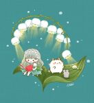  1girl :d bangs blush_stickers book cat chara_chara_makiato chibi dress flower glowing_flower grey_hair hairband holding holding_book holding_flower leaf lily_of_the_valley long_hair mouse open_mouth original reading smile snowing water_drop 