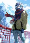  1boy blue_eyes blue_hair blue_mittens clouds commentary_request day eyelashes floating_scarf grusha_(pokemon) highres jacket long_hair male_focus outdoors pants poke_ball_print pokemon pokemon_(game) pokemon_sv scarf scarf_over_mouth sky snowing solo yellow_jacket yuro_(mangasukinoyuro) 