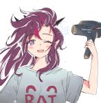  1girl blush_stickers drying drying_hair hair_dryer hololive hololive_english horns irys_(hololive) long_hair mangotaingo one_eye_closed pointy_ears purple_hair shirt violet_eyes virtual_youtuber wet wet_hair white_shirt 