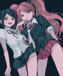  2girls :d arm_behind_back bangs bear_hair_ornament black_necktie blush bow breasts brown_hair closed_mouth danganronpa:_trigger_happy_havoc danganronpa_(series) enoshima_junko freckles green_background green_eyes green_hair green_shirt green_skirt hair_ornament highres ikusaba_mukuro large_breasts miniskirt multiple_girls nail_polish neck_ribbon necktie open_mouth pisapipi pleated_skirt red_bow red_ribbon red_skirt ribbon shiny shiny_hair shirt simple_background skirt smile sweat twintails two-tone_necktie white_necktie 