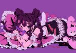  1girl bandaid bow braid cellphone denonbu double_bun hair_bow hair_bun inubousaki_shian looking_at_viewer lying mor_ning7z no_mouth object_hug on_stomach phone pillow pillow_hug rabbit simple_background skirt smartphone solo stuffed_toy twin_braids violet_eyes wings 