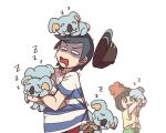  1boy 1girl :d bangs beanie black_eyes black_hair commentary drooling elio_(pokemon) hat hat_removed headwear_removed holding holding_pokemon komala mouth_drool on_head open_mouth pokemon pokemon_(creature) pokemon_(game) pokemon_on_head pokemon_sm selene_(pokemon) shirt short_sleeves simple_background sleeping smile ssalbulre striped striped_shirt t-shirt teeth tied_shirt tongue upper_teeth white_background yellow_shirt zzz 