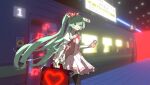  1girl :o absurdres bangs blue_eyes blurry blurry_background cellphone commentary detached_collar dress eap444 glowing green_hair ground_vehicle hair_ribbon hairband hatsune_miku heart highres holding holding_phone holding_suitcase juliet_sleeves long_hair long_sleeves open_mouth phone pleated_dress puffy_sleeves ribbon rolling_suitcase smartphone solo suitcase thigh-highs train train_station twintails very_long_hair vocaloid walking 