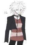  1boy absurdres bangs bibon_(boileddangan) black_pants brown_eyes collar collarbone commentary_request cropped_jacket danganronpa_(series) danganronpa_another_episode:_ultra_despair_girls gradient_hair grey_background grey_hair grin hair_between_eyes highres jacket komaeda_nagito male_focus medium_hair messy_hair metal_collar multicolored_hair open_clothes open_jacket pants red_shirt servant_(danganronpa) shirt simple_background smile striped striped_shirt translation_request 