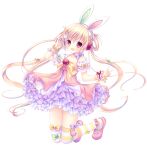  1girl animal_ears apple artist_request bangs blonde_hair bow character_request copyright_request dress food frilled_dress frills fruit full_body hair_ornament highres long_hair looking_at_viewer mary_janes non-web_source rabbit_ears red_eyes shoes socks source_request twintails white_background 